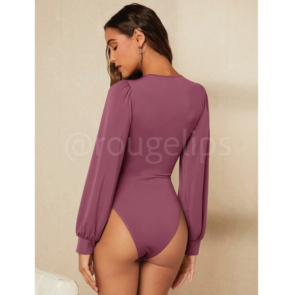 Dusty Mauve Elegant V neck Bodysuit Long Bishop Sleeves Stretchy Ruched Waist - Picture 3 of 10